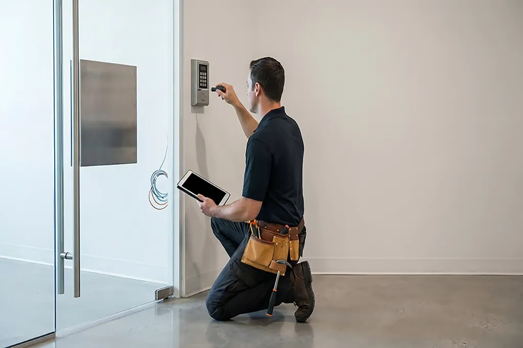 An engineer installing an access control key pad on the wall