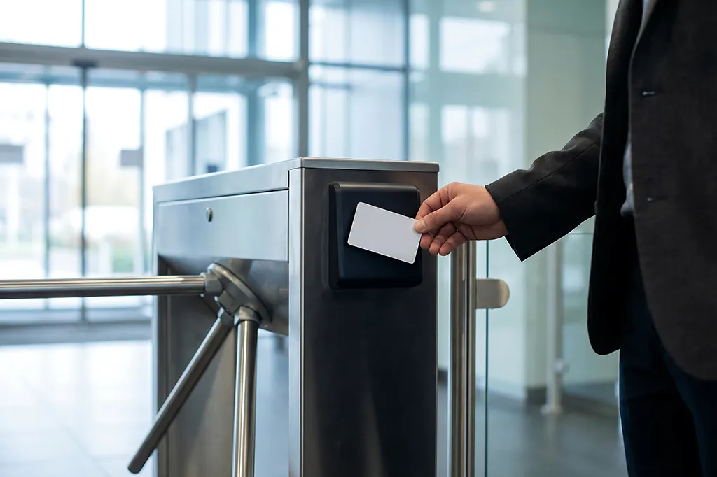 An access control barrier system being granted entry via a key card.