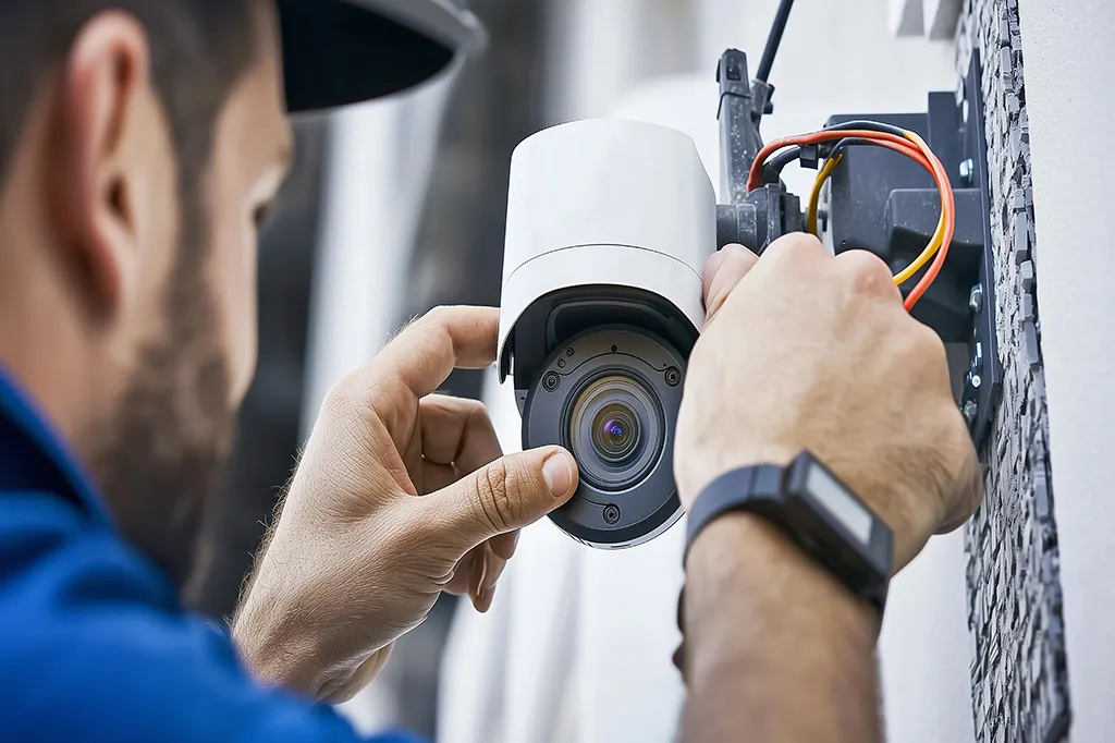 Close-up of an engineer installing a CCTV camera