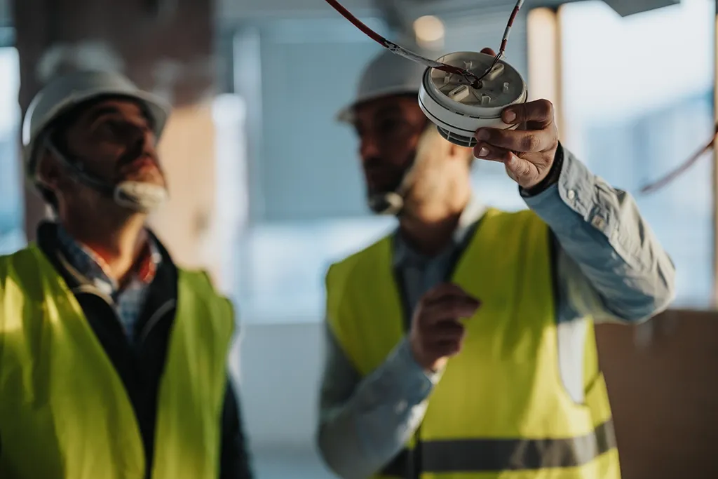 Engineers installing a fire alarm to a ceiling