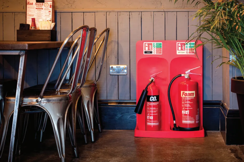 Fire extinguishers and necessary components including stand and ID signs