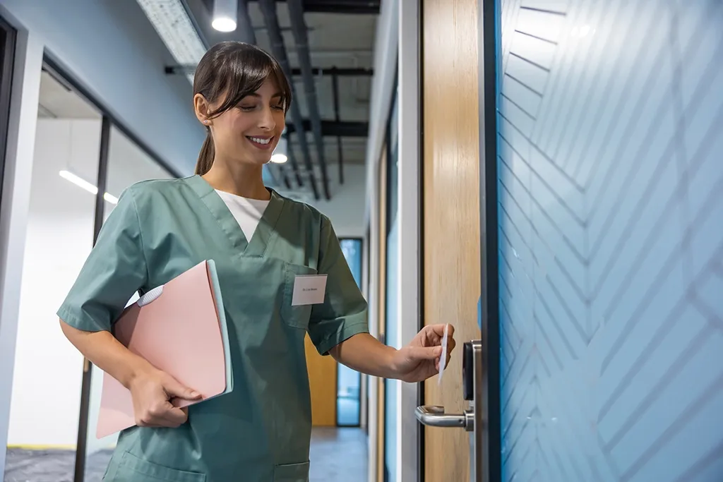 A door access control system installed in a hospital for healthcare security
