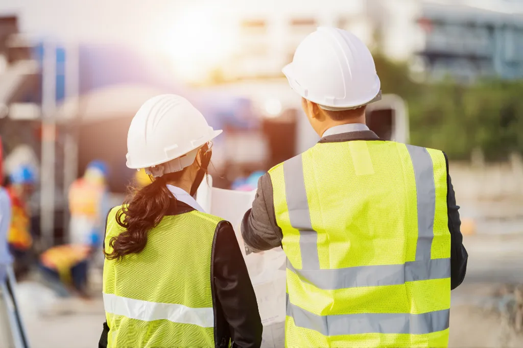 Construction workers wearing high-vis jackets and safety helmet on a construction site