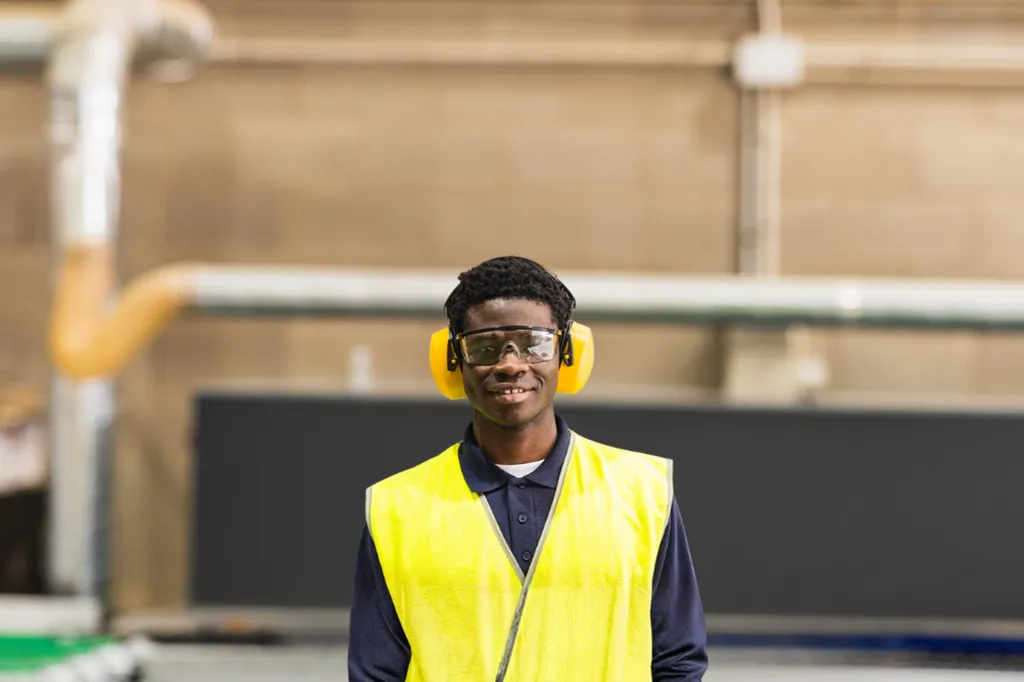 Man wearing safety goggles and ear protection