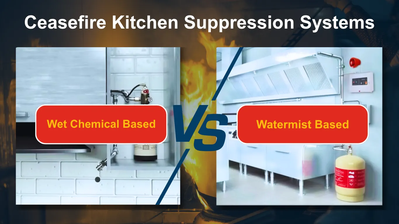 Infographic comparing the Ceasefire water mist and wet chemical kitchen fire suppression systems