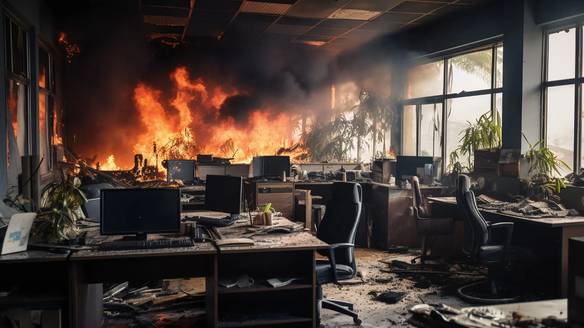 Burning computer left inside an office from bad fire safety