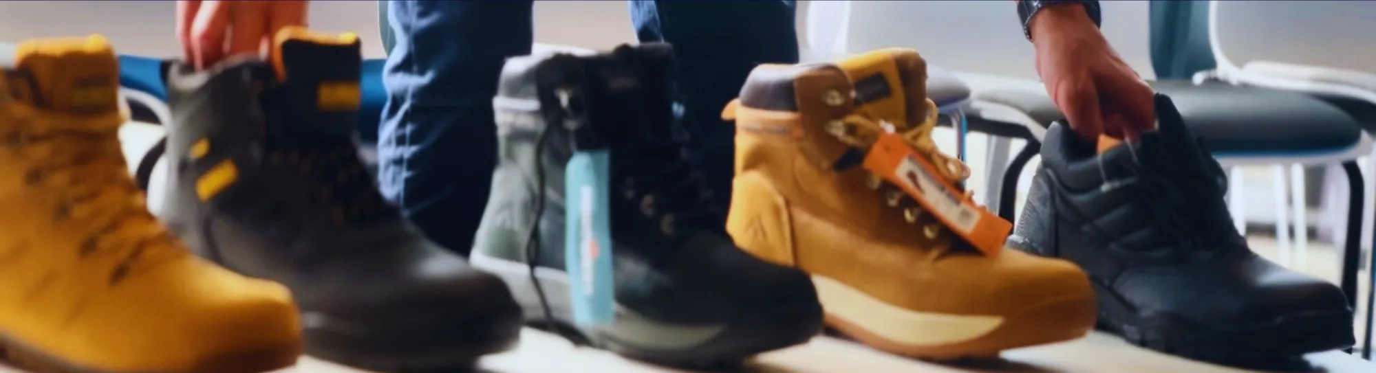 Row of industry grade workwear boots