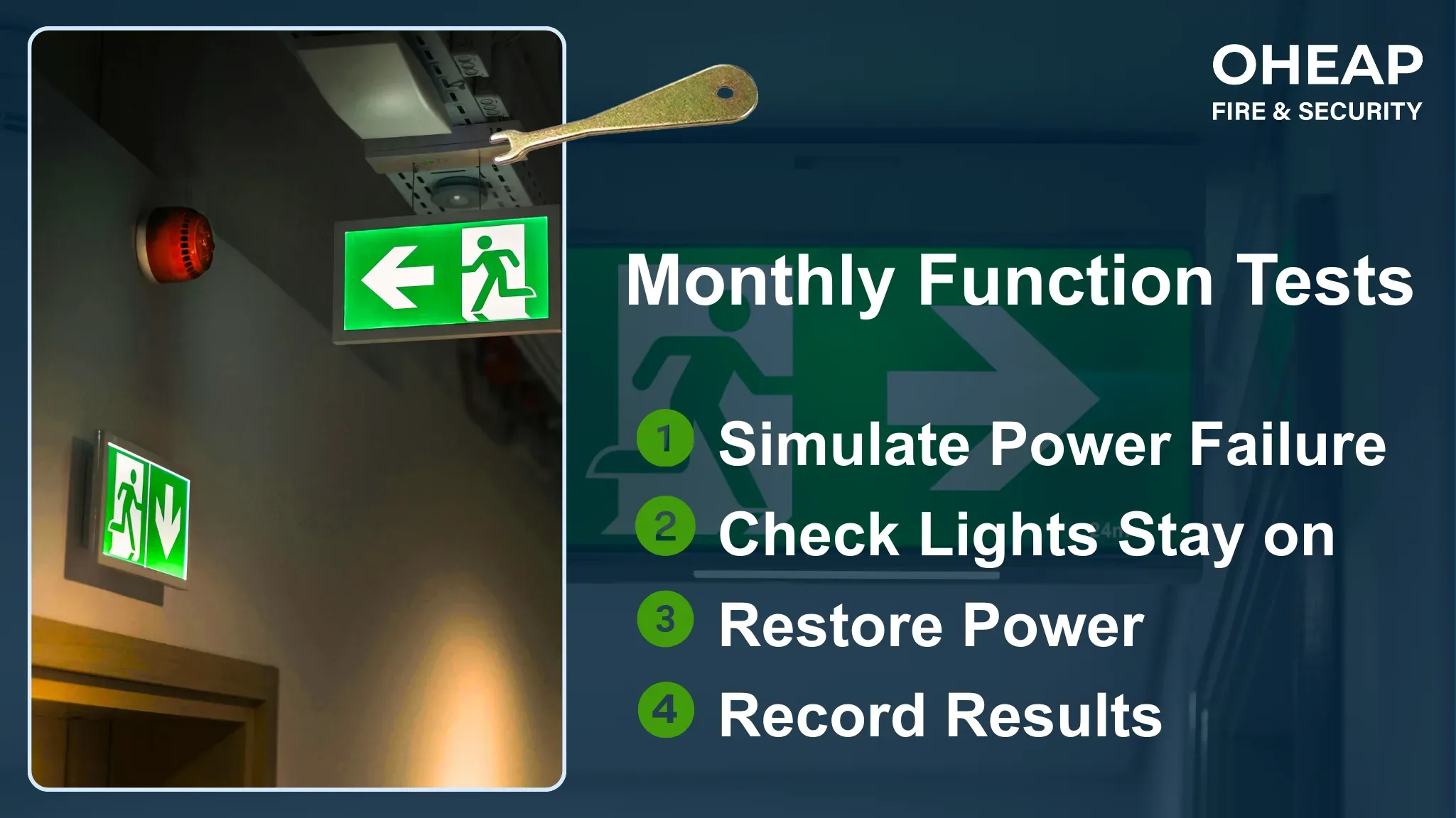 Infographic showing how to safely test emergency lights