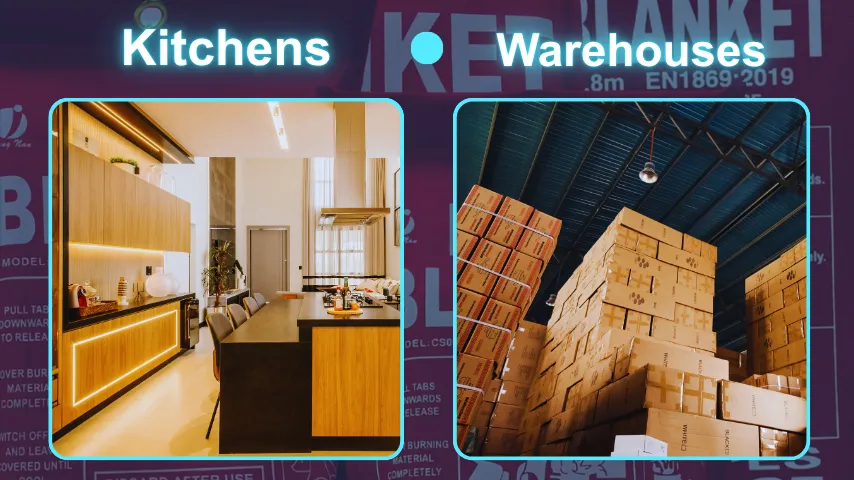 An infographic demonstrating the two key areas fire blankets should be installed: the warehouse and the kitchen