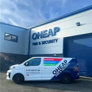 OHEAP fire and security building with an OHEAP engineers van parked outside