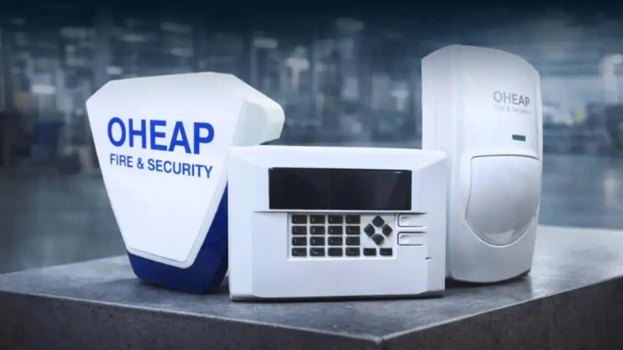 OHEAP Fire and Security branded white intruder alarm system components