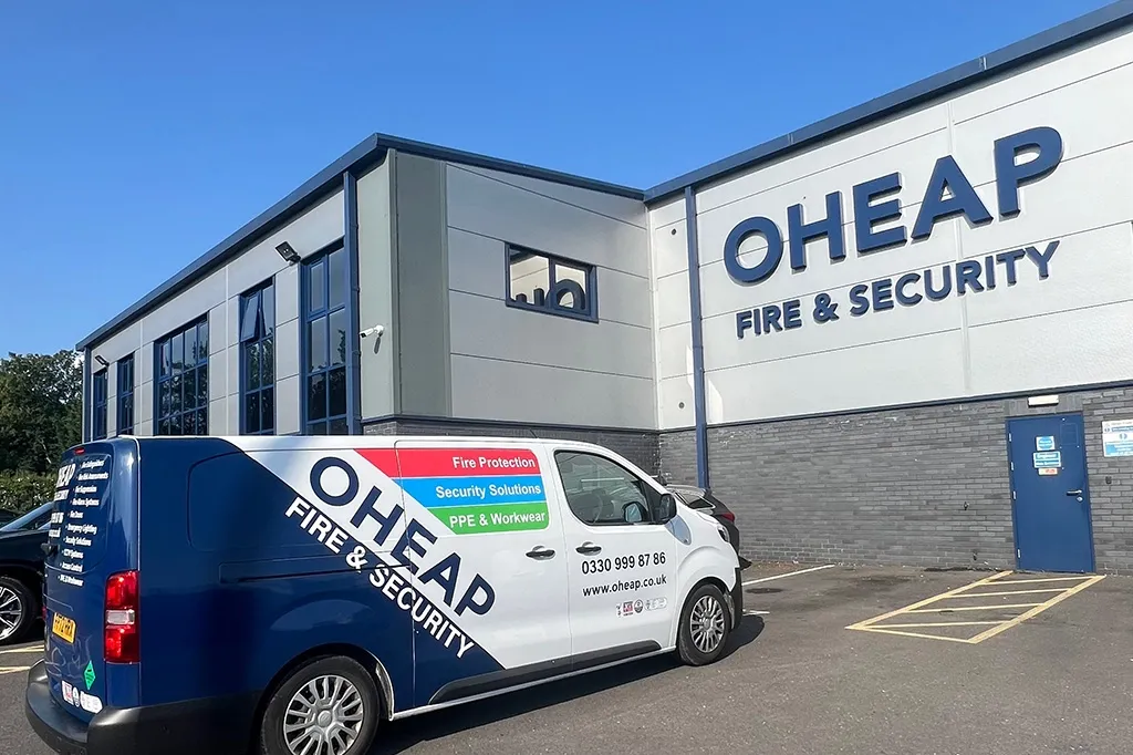 OHEAP Fire & Security van in front of OHEAP headquarters in Derby