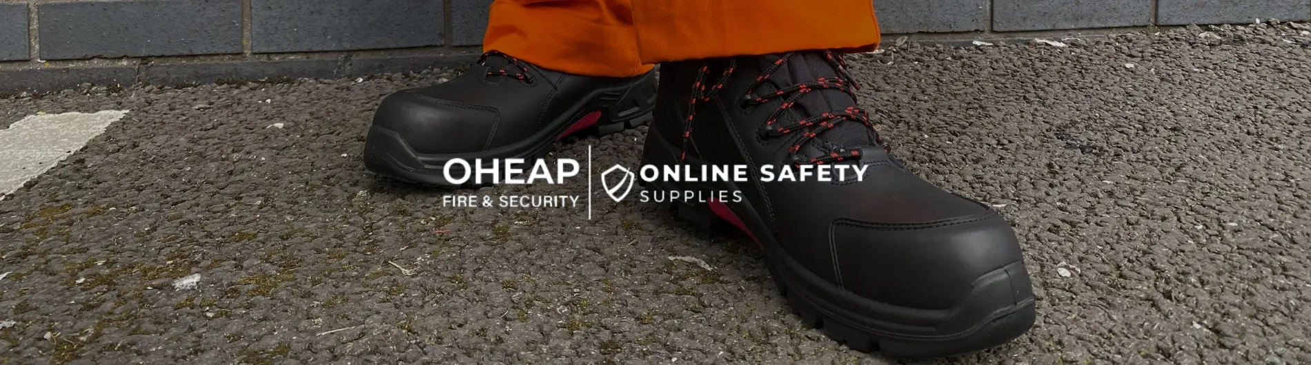 The OHEAP Fire & Security and Online Safety Supplies logos over the top of a pair of work boots