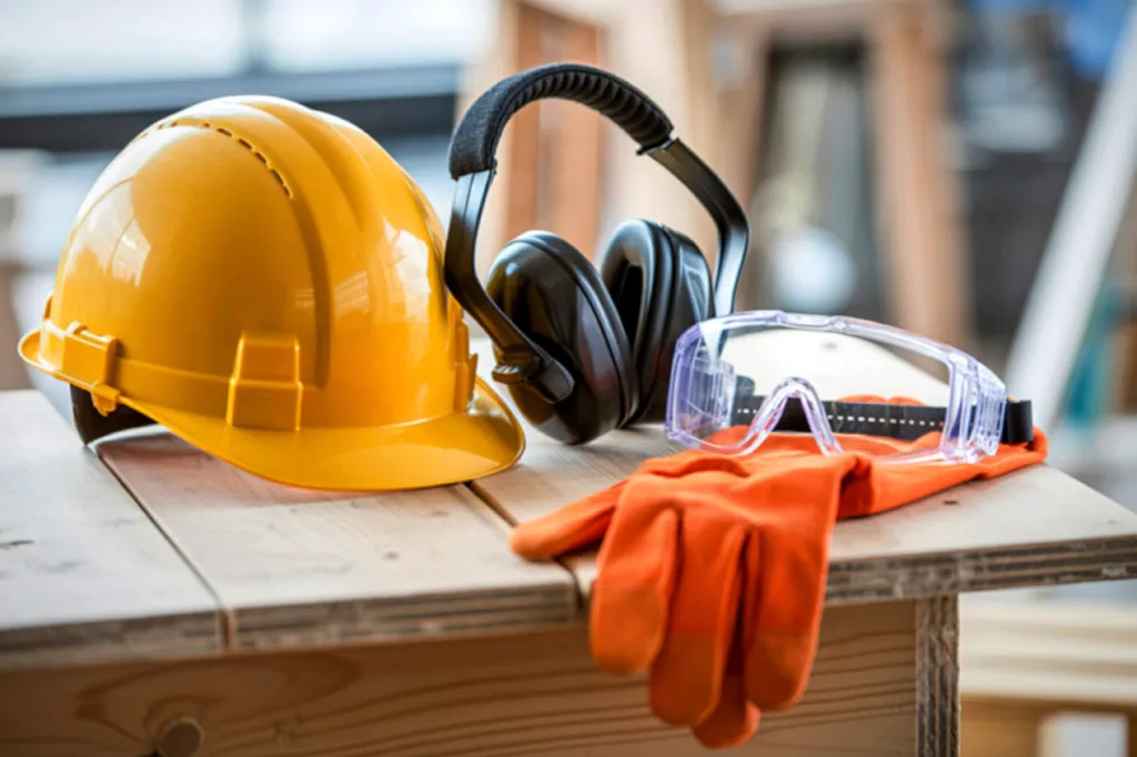 Safety helmet, ear protection, safety glasses and safety gloves