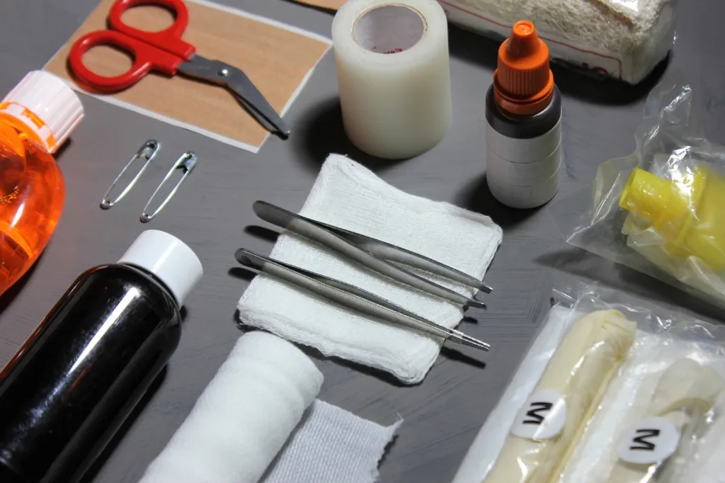 First aid equipment laid out on a table