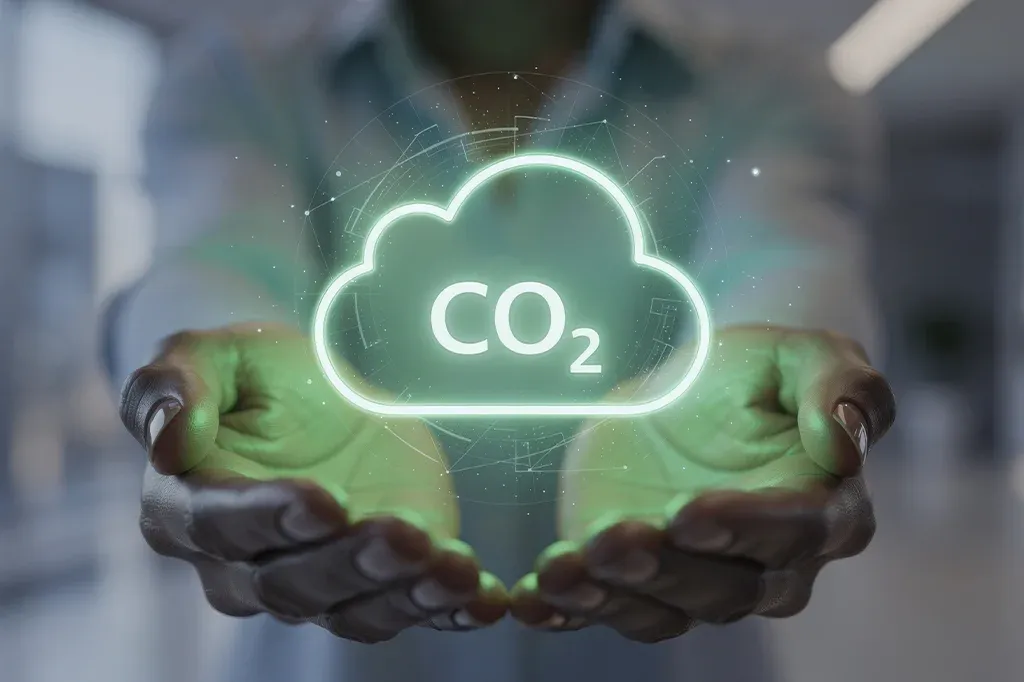 Hands holding a glowing CO2 cloud icon representing carbon emissions reduction and environmental sustainability