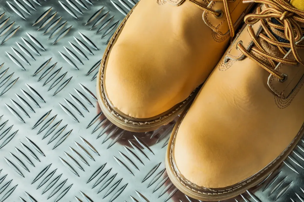 a pair of tan safety boots on a metal floor