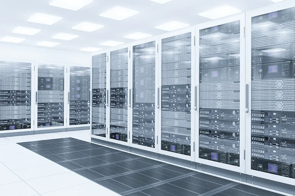 Bright server room with rows of white data cabinets and network equipment.