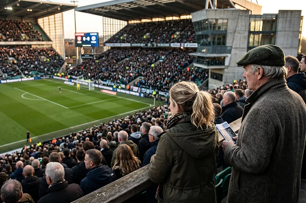 Man and woman watch a football match at a crowded stadium