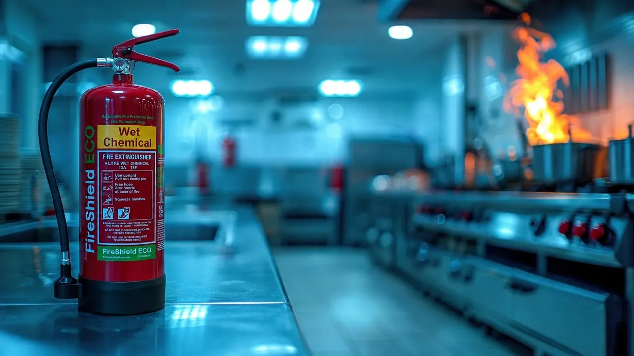 Wet chemical fire extinguisher in hotel kitchen