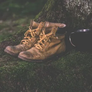 A pair of used work boots in a woodland scenery