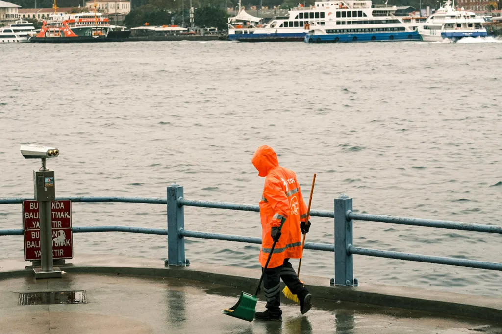 Worker wearing waterproof safety clothing