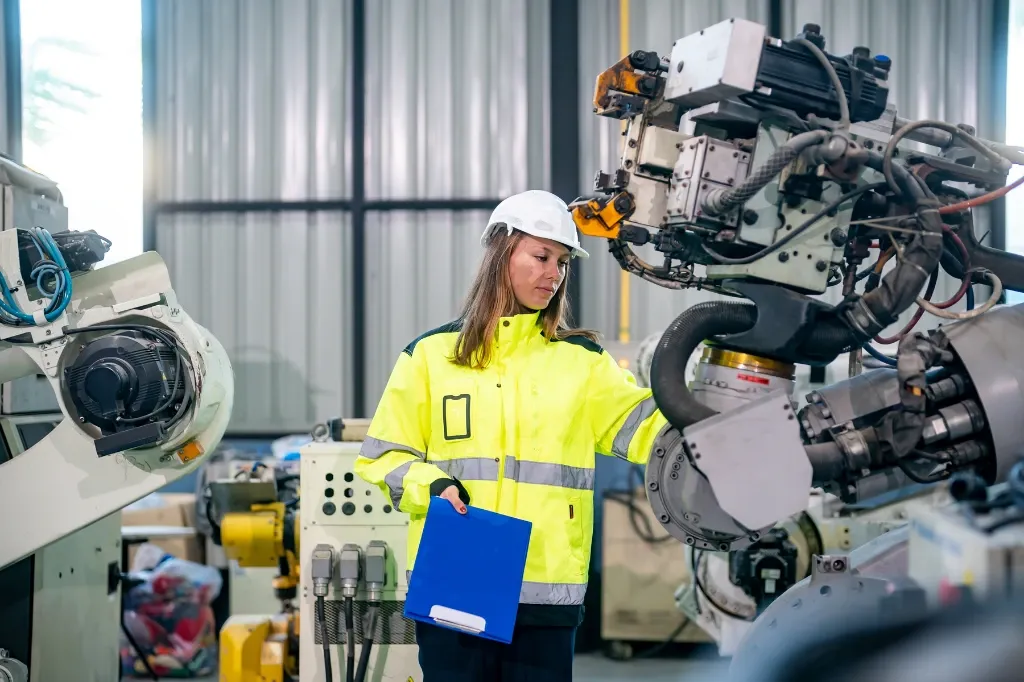A lady in a high-vis jacket and hardhat carrying ou a risk assessment